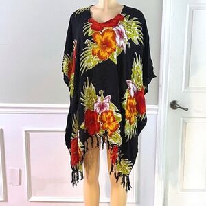 Hawaii Poncho Cover Up OS Women Floral Tassel Rayon Black Tropical Boho Aloha